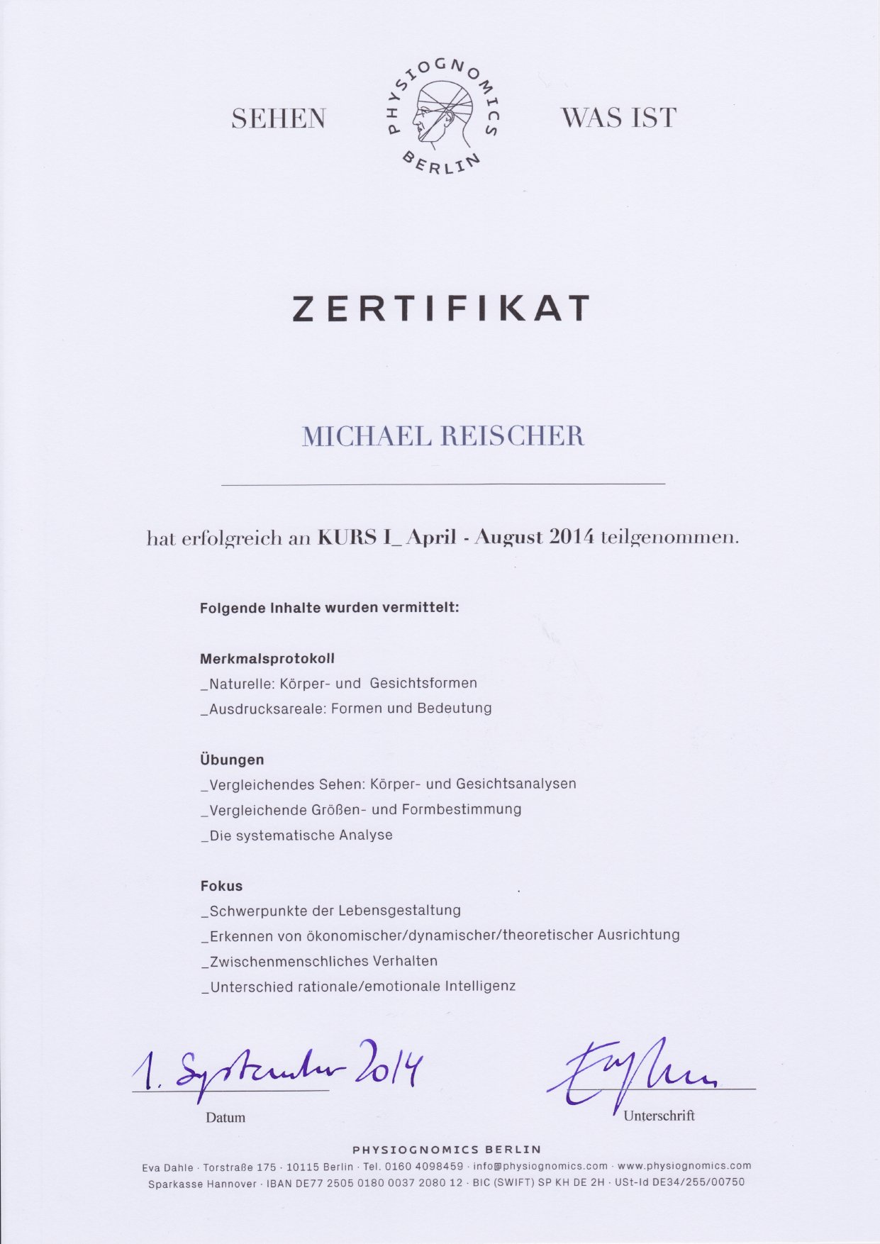 Naturelle Zertifikat Physiognomics Berlin – Michael Reischer