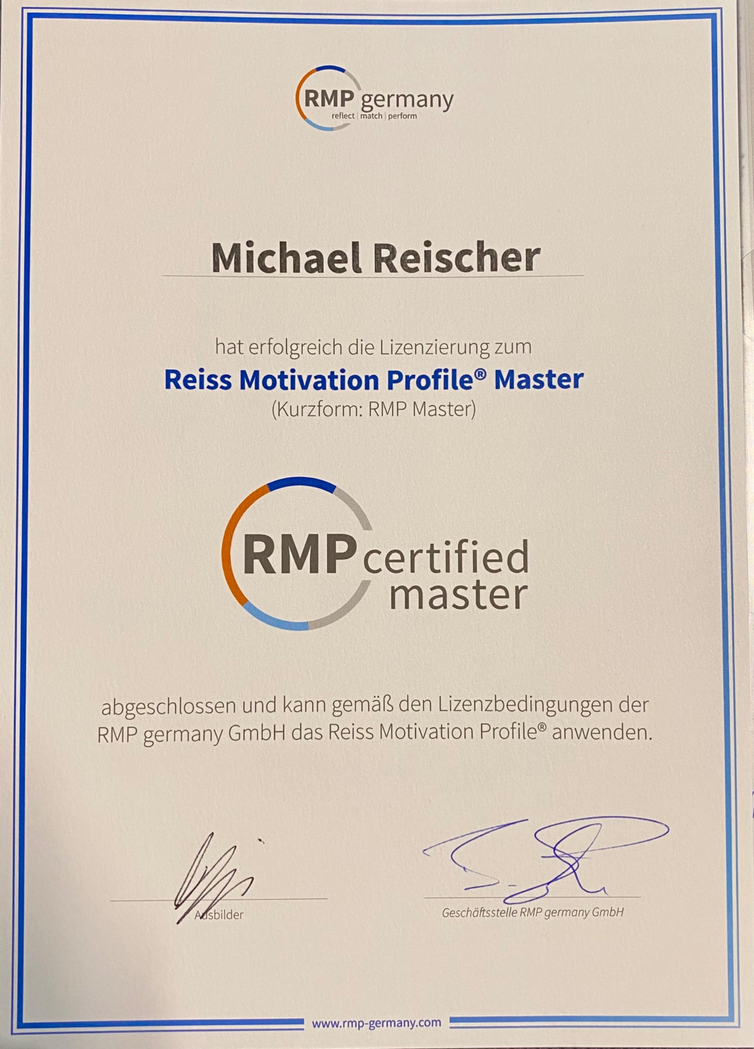 RMP Certified Master Zertifikat – Michael Reischer